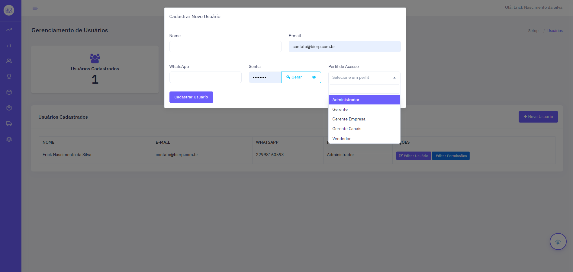 Tela de Configuração Multi-usuário
