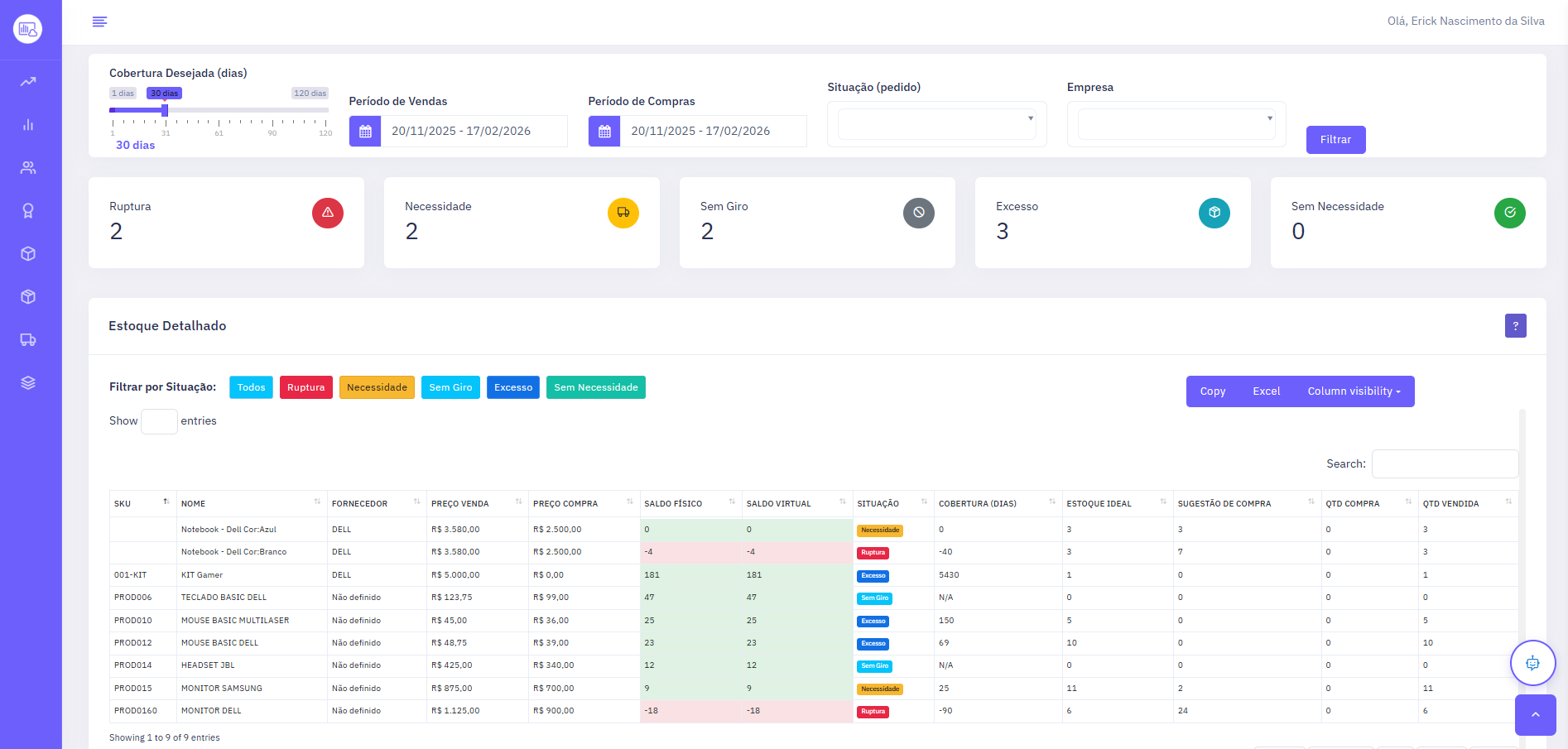 Tela de Gestão de Estoque